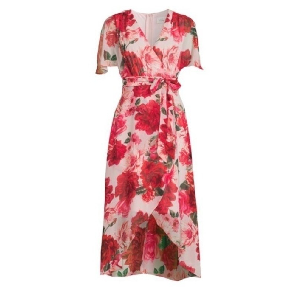 Eliza J Floral Dress Red V Neck Flutter Sleeve Romantic Formal Feminine Size 2
